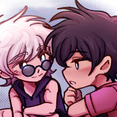 A chibi illustration by Kathryn Freeman, Gojo Satoru is on the left, looking fondly over dark sunglasses at Fushiguro Megumi on the right. Fushiguro Megumi is distracted talking to a character off-screen.